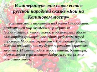 В литературе это слово есть в русской народной сказке «Бой на Калиновом мосту» К