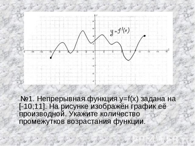 №1. Непрерывная функция y=f(x) задана на [-10;11]. На рисунке изображён график её производной. Укажите количество промежутков возрастания функции.
