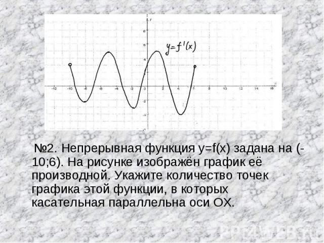 №2. Непрерывная функция y=f(x) задана на (-10;6). На рисунке изображён график её производной. Укажите количество точек графика этой функции, в которых касательная параллельна оси ОХ.