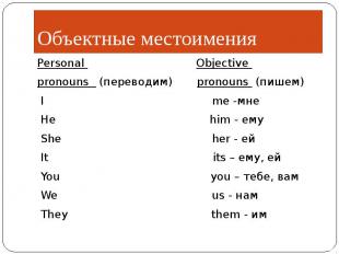 Объектные местоимения Personal Objective pronouns (переводим) pronouns (пишем) I