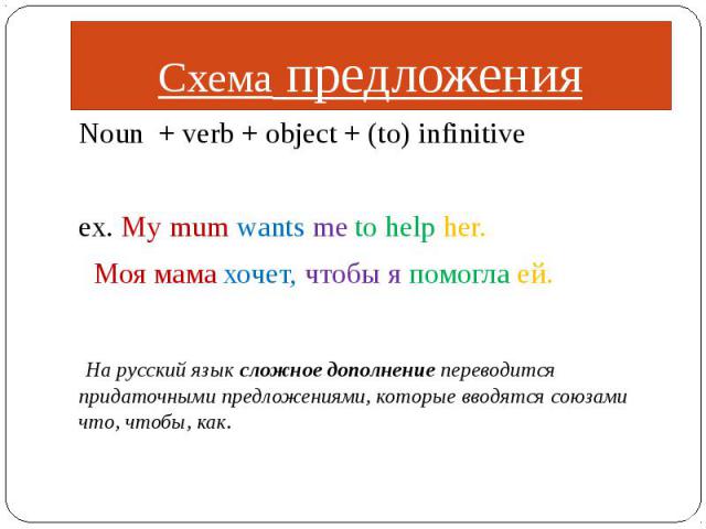 Схема предложения Noun + verb + object + (to) infinitive ex. My mum wants me to help her. Моя мама хочет, чтобы я помогла ей. На русский язык сложное дополнение переводится придаточными предложениями, которые вводятся союзами что, чтобы, как.
