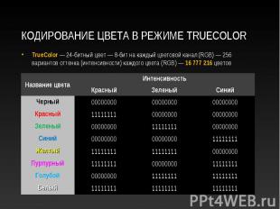 TrueColor — 24-битный цвет — 8-бит на каждый цветовой канал (RGB) — 256 варианто