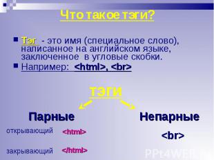 Тэг - это имя (специальное слово), написанное на английском языке, заключенное в