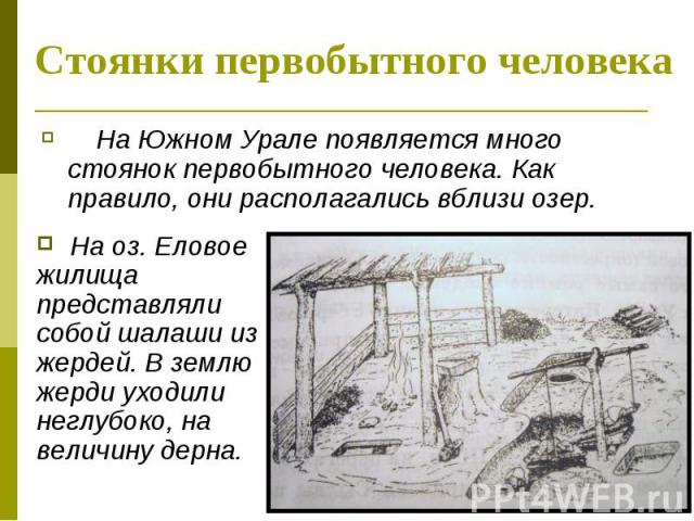 Стоянки первобытного человека На Южном Урале появляется много стоянок первобытного человека. Как правило, они располагались вблизи озер.
