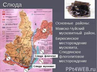 Слюда Основные районы: Мамско-Чуйский мусковитный район, Бирюсинское месторожден