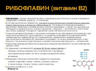 РИБОФЛАВИН (витамин В2) РИБОФЛАВИН - водорастворимый витамин; производное растит