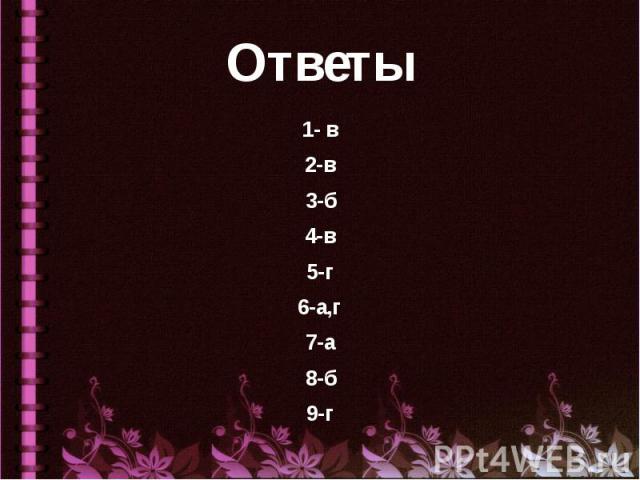 Ответы 1- в 2-в 3-б 4-в 5-г 6-а,г 7-а 8-б 9-г