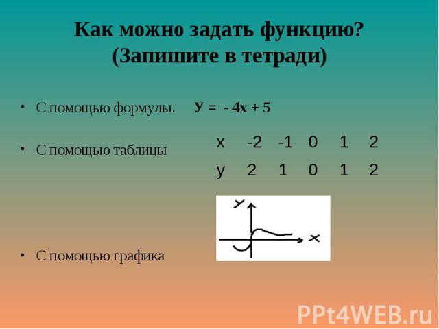 Как можно задать функцию? (Запишите в тетради) С помощью формулы. У = - 4х + 5 С помощью таблицы С помощью графика