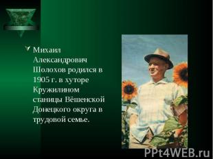 Михаил Александрович Шолохов родился в 1905 г. в хуторе Кружилином станицы Вёшен