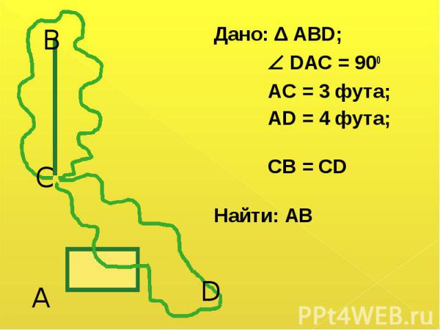Дано: Δ АВD; Дано: Δ АВD; DAC = 900 AC = 3 фута; AD = 4 фута; CB = CD Найти: АВ