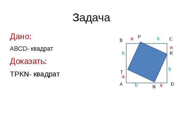 Задача Дано: ABCD- квадрат Доказать: TPKN- квадрат