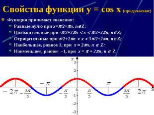 Свойства функции y = cos x (продолжение) Функция принимает значения: Равные нулю