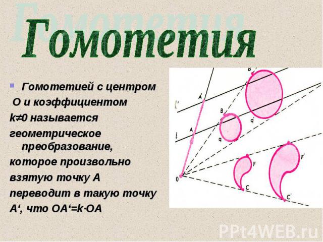Гомотетией с центром Гомотетией с центром О и коэффициентом k≠0 называется геометрическое преобразование, которое произвольно взятую точку А переводит в такую точку А‘, что ОА‘=k∙ОА
