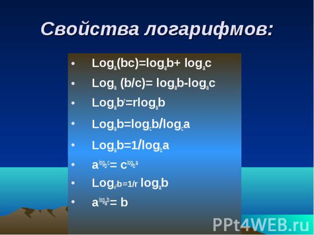 Свойства логарифмов: Loga(bc)=logab+ logac Loga (b/с)= logab-logac Logabr=rlogab Logab=logcb/logca Logab=1/logba alogbc= clogba Logarb=1/r logab alogab= b