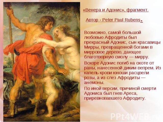 «Венера и Адонис», фрагмент. Автор - Peter Paul Rubens. Возможно, самой большой любовью Афродиты был прекрасный Адонис, сын красавицы Мирры, превращенной богами в мирровое дерево, дающее благотворную смолу — мирру. Вскоре Адонис погиб на охоте от ра…