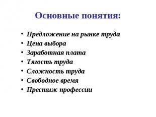 Основные понятия: Предложение на рынке труда Цена выбора Заработная плата Тягост