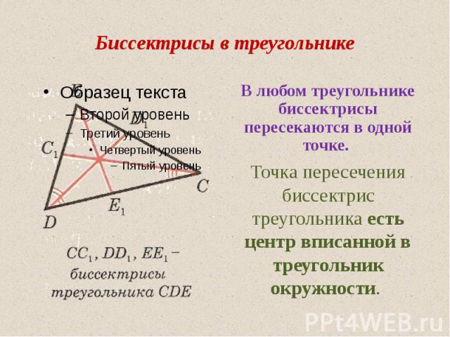 Биссектрисы в треугольнике В любом треугольнике биссектрисы пересекаются в одной точке. Точка пересечения биссектрис треугольника есть центр вписанной в треугольник окружности.