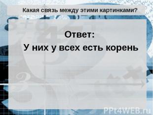 Какая связь между этими картинками? Ответ: У них у всех есть корень