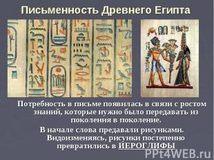 Письменность Древнего Египта Потребность в письме появилась в связи с ростом зна