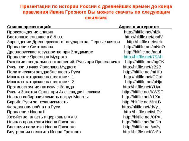 Презентации по истории России с древнейших времен до конца правления Ивана Грозного Вы можете скачать по следующим ссылкам: