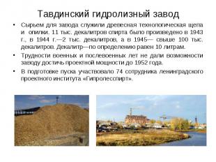 Тавдинский гидролизный завод Сырьем для завода служили древесная технологическая