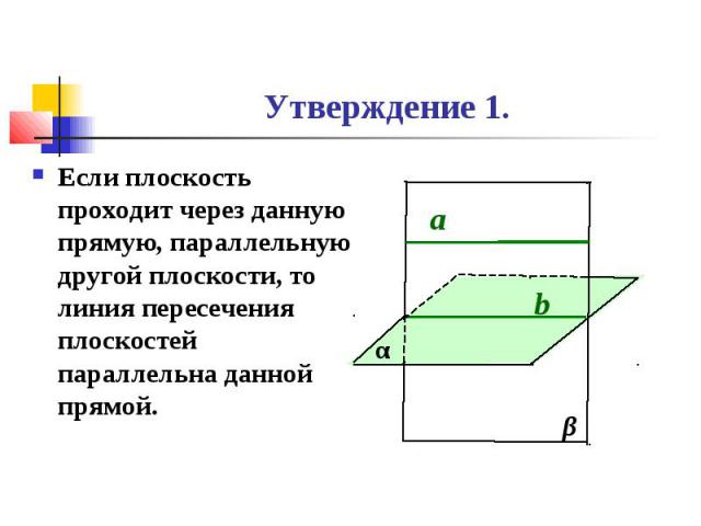 Утверждение 1. Если плоскость проходит через данную прямую, параллельную другой плоскости, то линия пересечения плоскостей параллельна данной прямой.