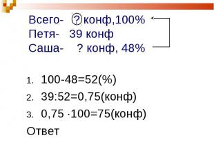 100-48=52(%) 100-48=52(%) 39:52=0,75(конф) 0,75 ·100=75(конф) Ответ