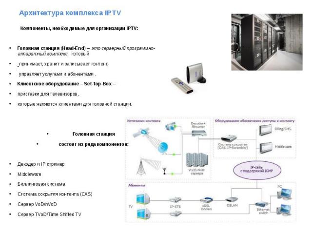 Архитектура комплекса IPTV Компоненты, необходимые для организации IPTV: Головная станция (Head-End) – это серверный программно-аппаратный комплекс, который принимает, хранит и записывает контент, управляет услугами и абонентами . Клиентское оборудо…
