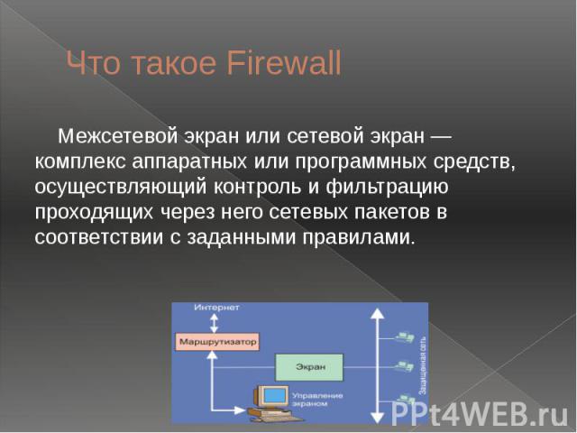 Что такое Firewall Межсетевой экран или сетевой экран — комплекс аппаратных или программных средств, осуществляющий контроль и фильтрацию проходящих через него сетевых пакетов в соответствии с заданными правилами.