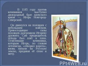 В 1185 году против кочевников выступил двоюродный брат киевского князя — Игорь Н