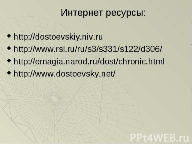 http://dostoevskiy.niv.ru http://dostoevskiy.niv.ru http://www.rsl.ru/ru/s3/s331/s122/d306/ http://emagia.narod.ru/dost/chronic.html http://www.dostoevsky.net/