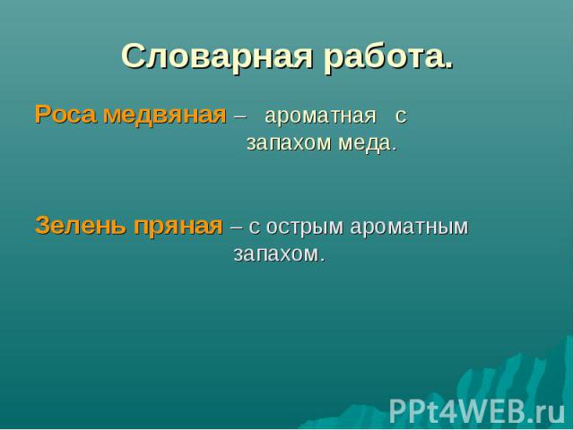 Роса медвяная – ароматная с Роса медвяная – ароматная с запахом меда. Зелень пряная – с острым ароматным запахом.