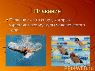 Плавание – это спорт, который укрепляет все мускулы человеческого тела. Плавание
