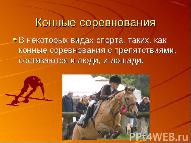 В некоторых видах спорта, таких, как конные соревнования с препятствиями, состязаются и люди, и лошади. В некоторых видах спорта, таких, как конные соревнования с препятствиями, состязаются и люди, и лошади.