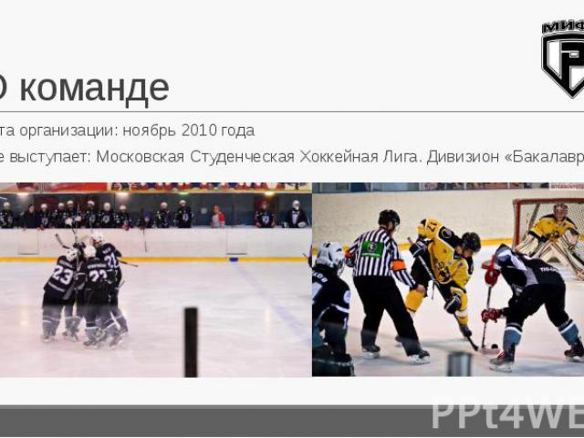 О команде Дата организации: ноябрь 2010 года Где выступает: Московская Студенческая Хоккейная Лига. Дивизион «Бакалавр»