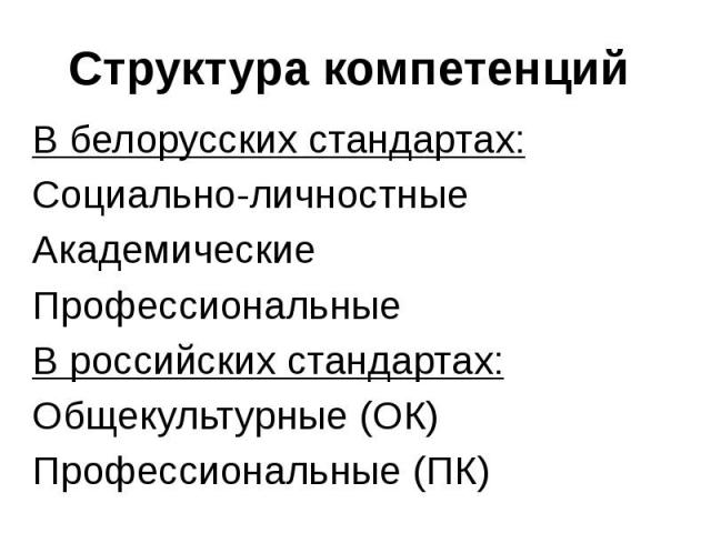 Структура компетенций В белорусских стандартах: Социально-личностные Академические Профессиональные В российских стандартах: Общекультурные (ОК) Профессиональные (ПК)