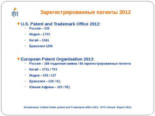 Зарегистрированные патенты 2012 U.S. Patent and Trademark Office 2012: Россия –