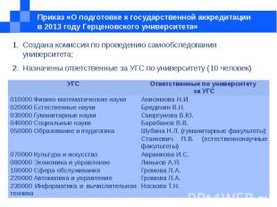 Приказ «О подготовке к государственной аккредитации в 2013 году Герценовского ун