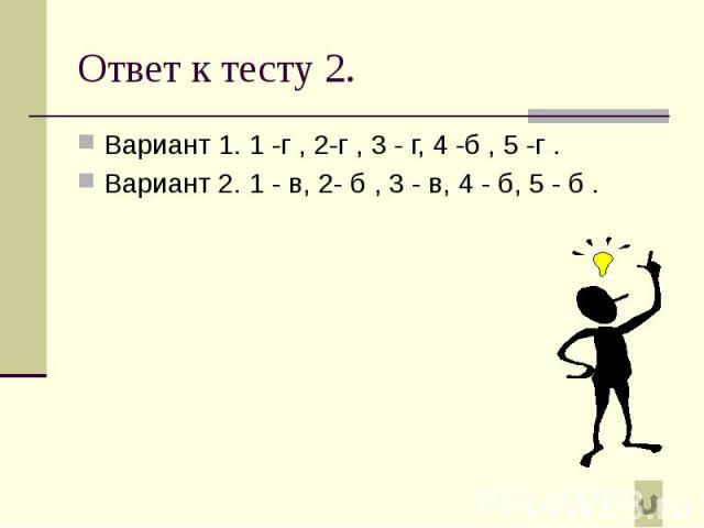 Ответ к тесту 2. Вариант 1. 1 -г , 2-г , 3 - г, 4 -б , 5 -г . Вариант 2. 1 - в, 2- б , 3 - в, 4 - б, 5 - б .