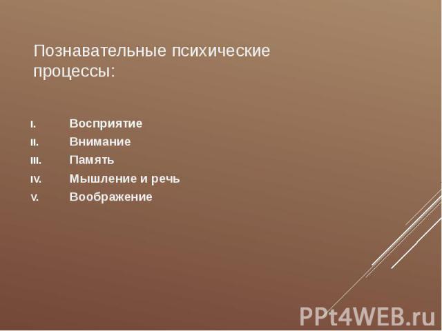 Познавательные психические процессы: Восприятие Внимание Память Мышление и речь Воображение