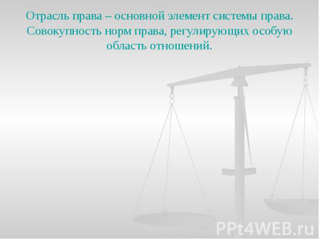 Отрасль права – основной элемент системы права. Совокупность норм права, регулирующих особую область отношений.