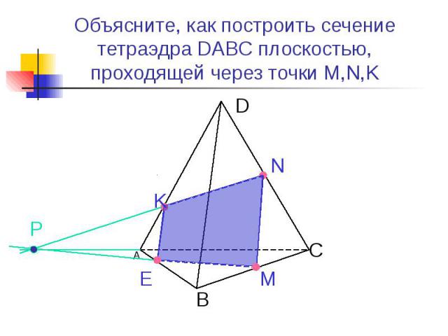 Объясните, как построить сечение тетраэдра DABC плоскостью, проходящей через точки M,N,K
