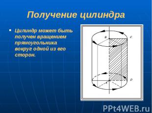 Получение цилиндра Цилиндр может быть получен вращением прямоугольника вокруг од