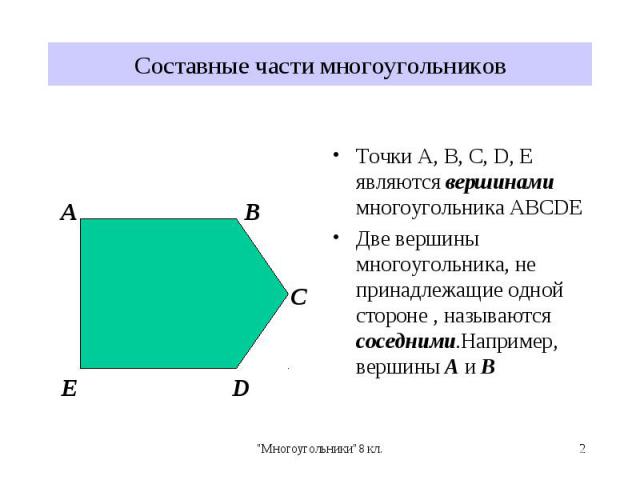 Точки A, B, C, D, E являются вершинами многоугольника ABCDE Точки A, B, C, D, E являются вершинами многоугольника ABCDE Две вершины многоугольника, не принадлежащие одной стороне , называются соседними.Например, вершины А и В