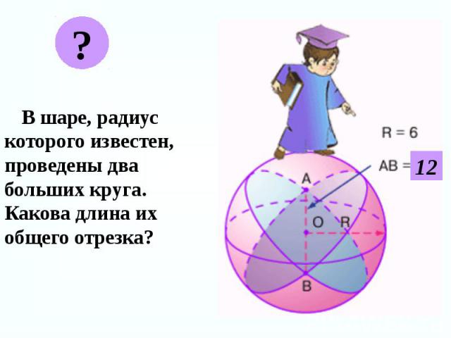 В шаре, радиус которого известен, проведены два больших круга. Какова длина их общего отрезка? В шаре, радиус которого известен, проведены два больших круга. Какова длина их общего отрезка?