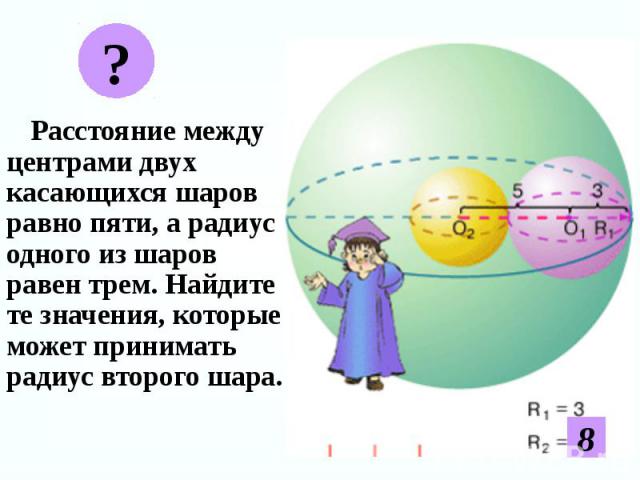 Расстояние между центрами двух касающихся шаров равно пяти, а радиус одного из шаров равен трем. Найдите те значения, которые может принимать радиус второго шара. Расстояние между центрами двух касающихся шаров равно пяти, а радиус одного из шаров р…