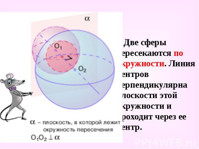 Две сферы пересекаются по окружности. Линия центров перпендикулярна плоскости этой окружности и проходит через ее центр. Две сферы пересекаются по окружности. Линия центров перпендикулярна плоскости этой окружности и проходит через ее центр.