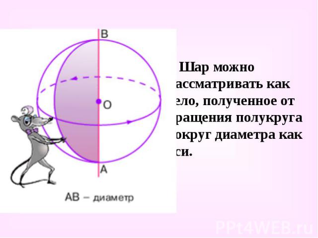 Шар можно рассматривать как тело, полученное от вращения полукруга вокруг диаметра как оси. Шар можно рассматривать как тело, полученное от вращения полукруга вокруг диаметра как оси.