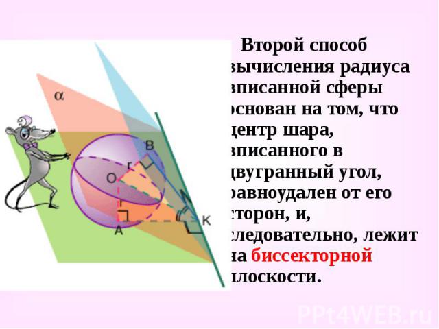 Второй способ вычисления радиуса вписанной сферы основан на том, что центр шара, вписанного в двугранный угол, равноудален от его сторон, и, следовательно, лежит на биссекторной плоскости. Второй способ вычисления радиуса вписанной сферы основан на …