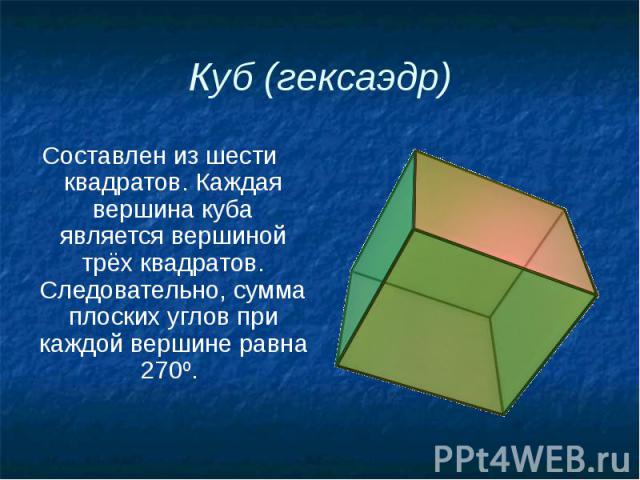 Куб (гексаэдр) Составлен из шести квадратов. Каждая вершина куба является вершиной трёх квадратов. Следовательно, сумма плоских углов при каждой вершине равна 270º.
